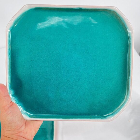Vintage Turquoise Ceramic Dinnerware Set 6 Pieces Square Plates & Mugs - Picture 11 of 13